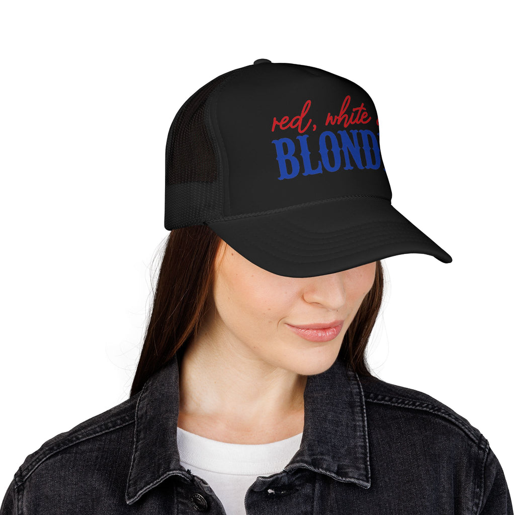 Red, White & Blonde Trucker Hat — Patriotic Blonde Foam Trucker Hat