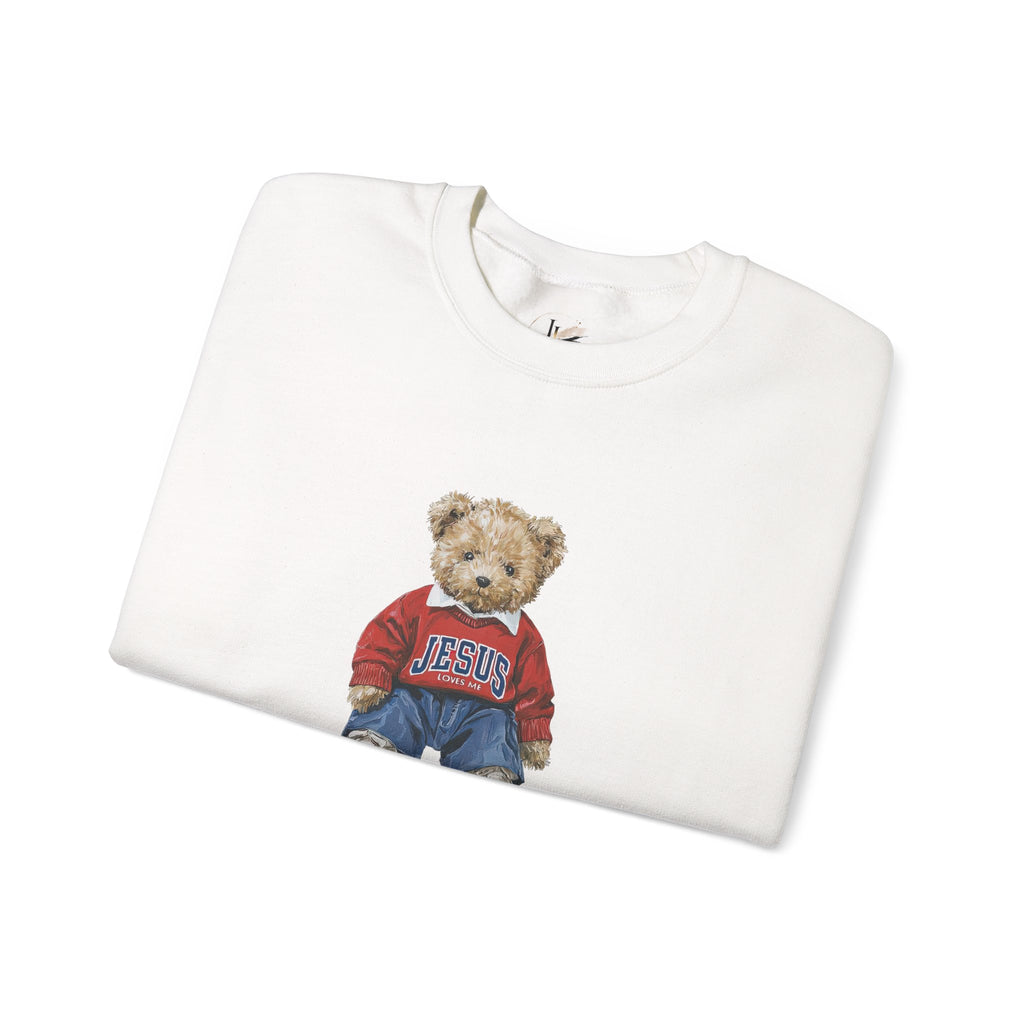 Crewneck Sweatshirt — Teddy Bear Wearing 'Jesus' Sweater Christian Graphic