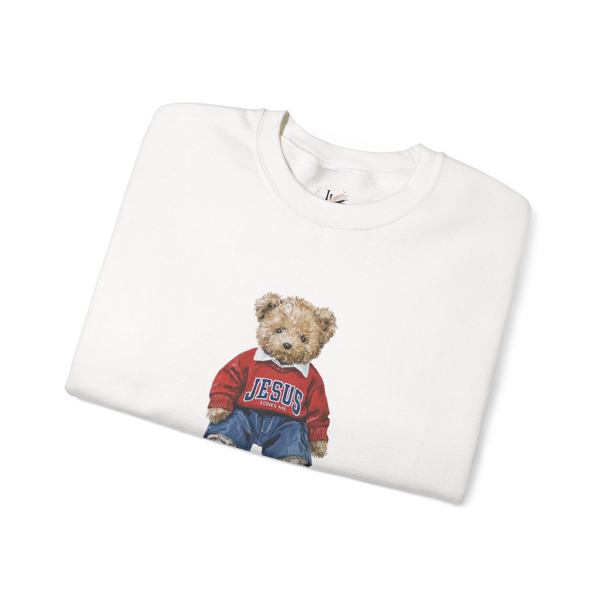 Crewneck Sweatshirt — Teddy Bear Wearing 'Jesus' Sweater Christian Graphic