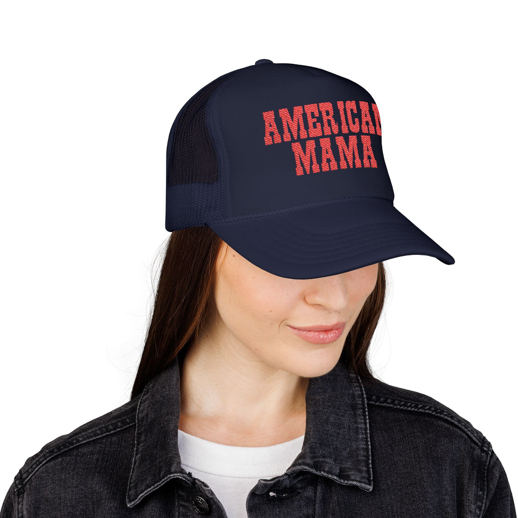 American Mama Trucker Hat - Vintage Red Distressed Foam Mesh Cap for Patriotic Moms