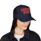 American Mama Trucker Hat - Vintage Red Distressed Foam Mesh Cap for Patriotic Moms