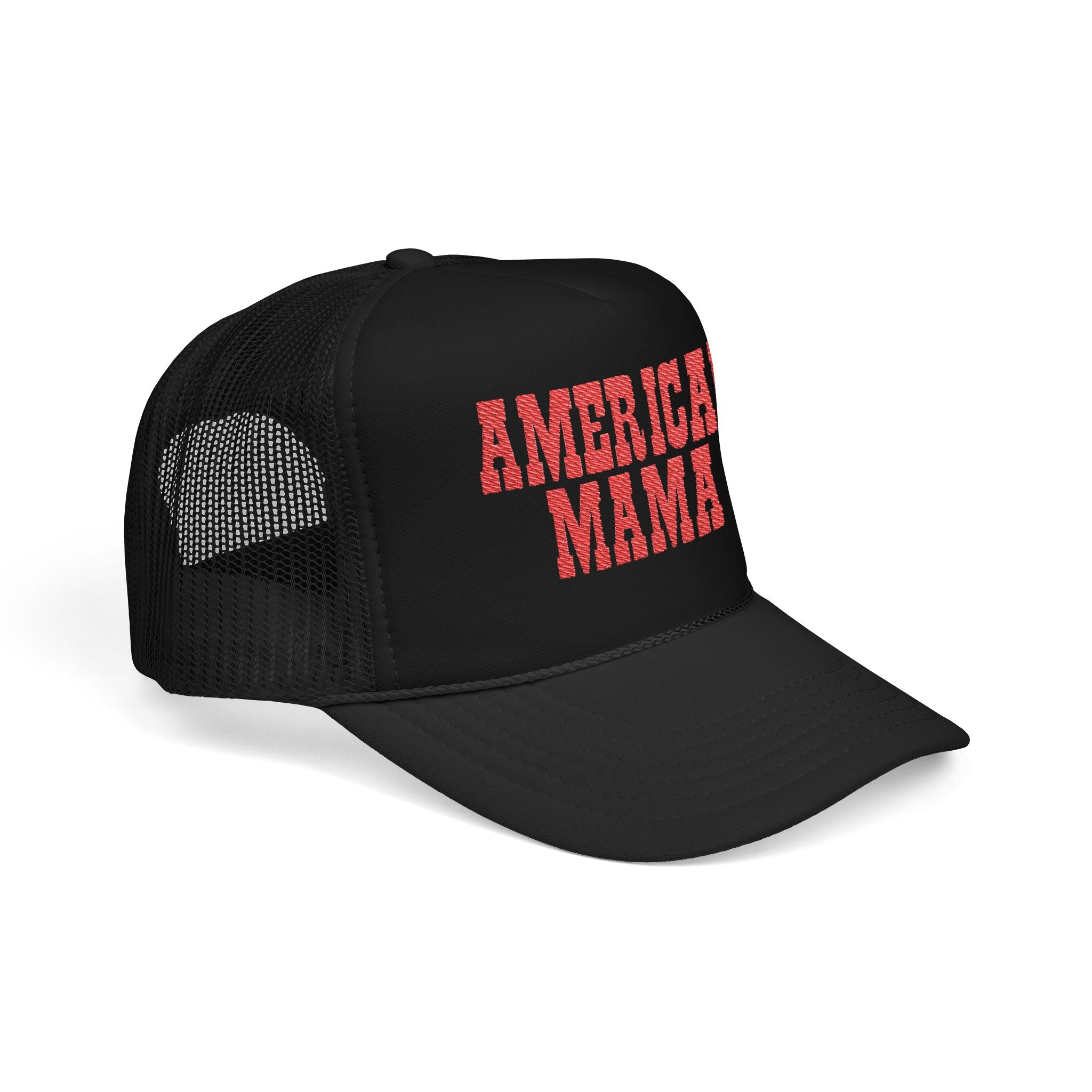 American Mama Trucker Hat - Vintage Red Distressed Foam Mesh Cap for Patriotic Moms