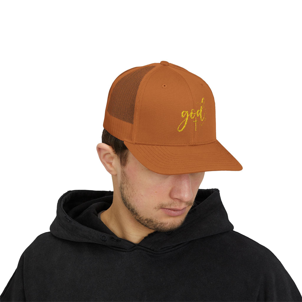 God Script Trucker Cap — Gold Sparkle Faith Snapback