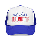 Red, White & Brunette Trucker Hat — Patriotic Foam Mesh Cap for Women