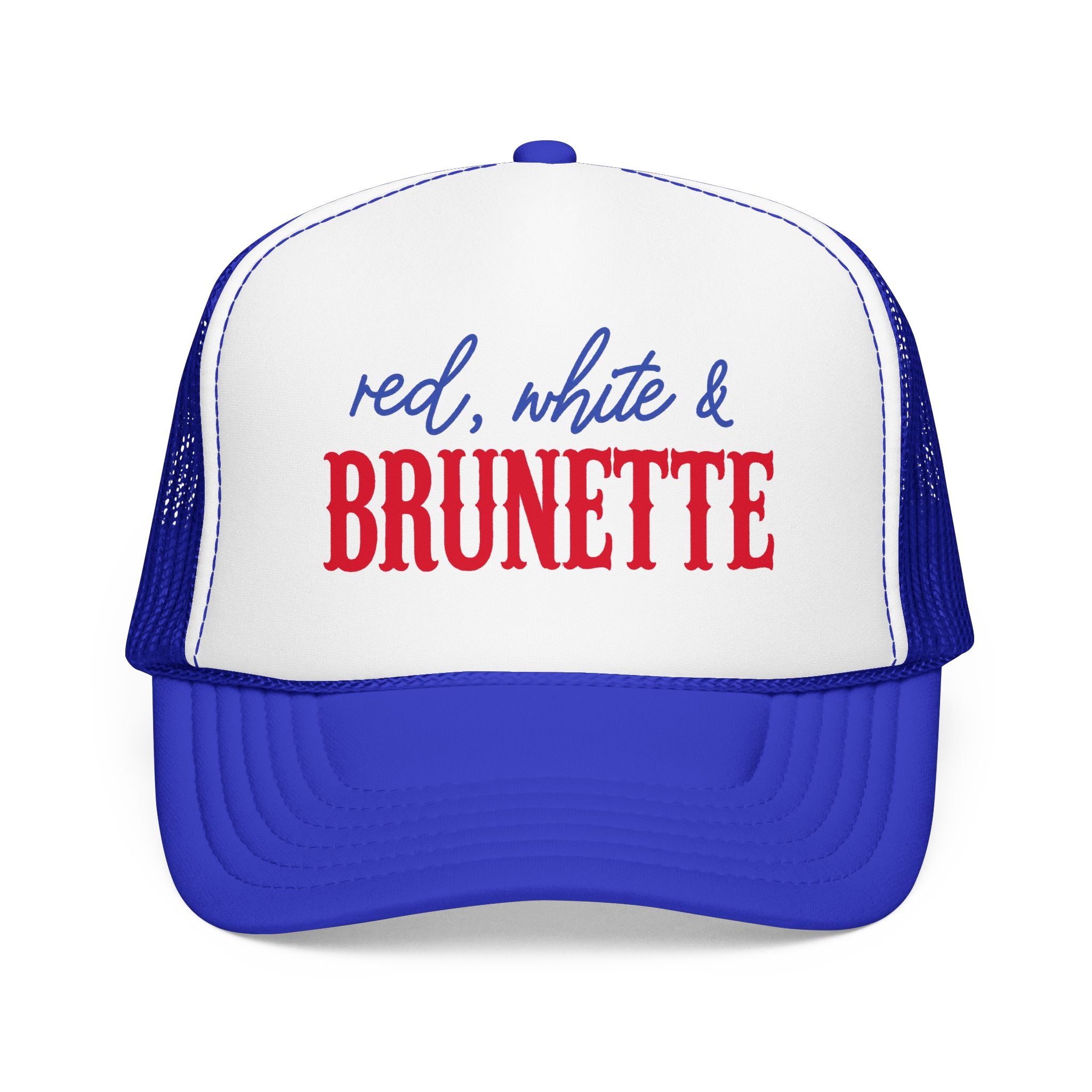 Red, White & Brunette Trucker Hat — Patriotic Foam Mesh Cap for Women